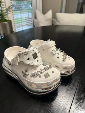 MCM White Jeweled Platform Clog Sandals